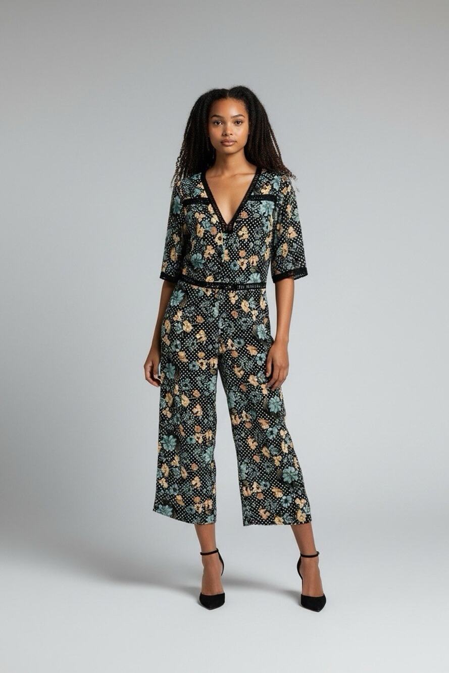 WALTER BAKER Black Floral Lace Trim Jumpsuit Size 4